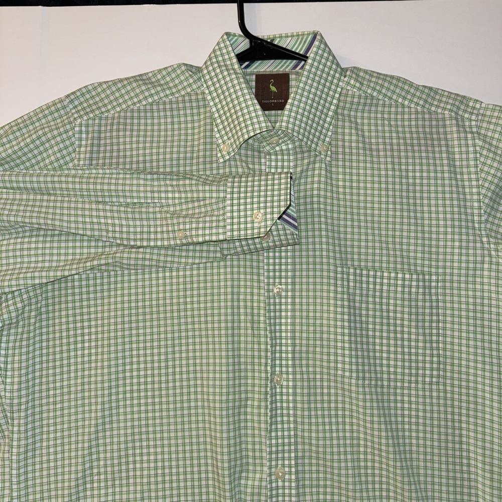 Men's Large TAILORBYRD Green White Plaid Long Sleeve‎ Button-Down Shirt